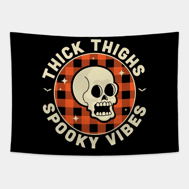 Thick Thighs Spooky Vibes Funny Halloween Skull Orange Plaid Tapestry by OrangeMonkeyArt