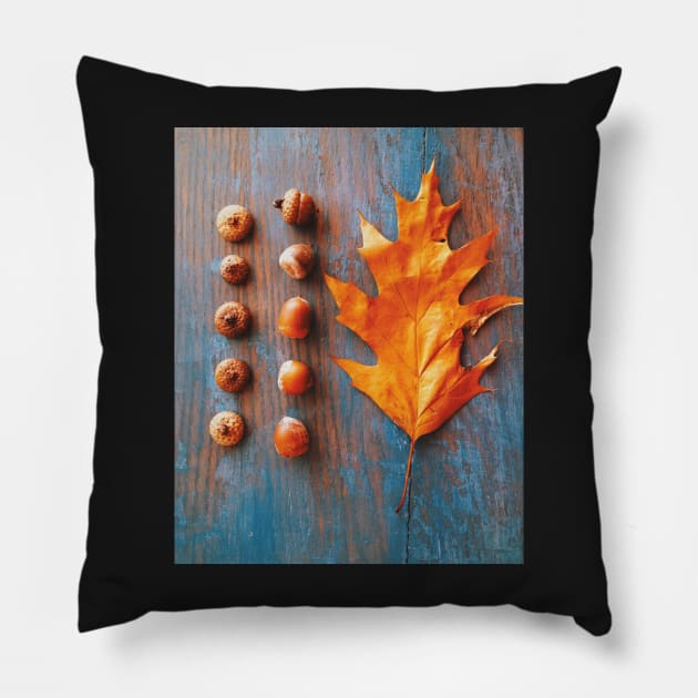 Oak Leaf and Acorns on Blue Vintage Table Pillow by oliviastclaire