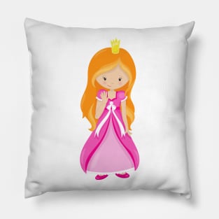 Cute Princess, Crown, Orange Hair, Pink Dress Pillow