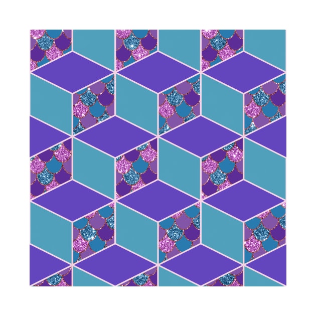 Mermaid Scale Purple and Teal Cubed Geometric Pattern by SeaChangeDesign