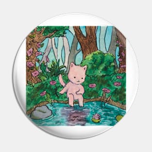 kitten looking at its reflection in the lake watercolor illustration Pin