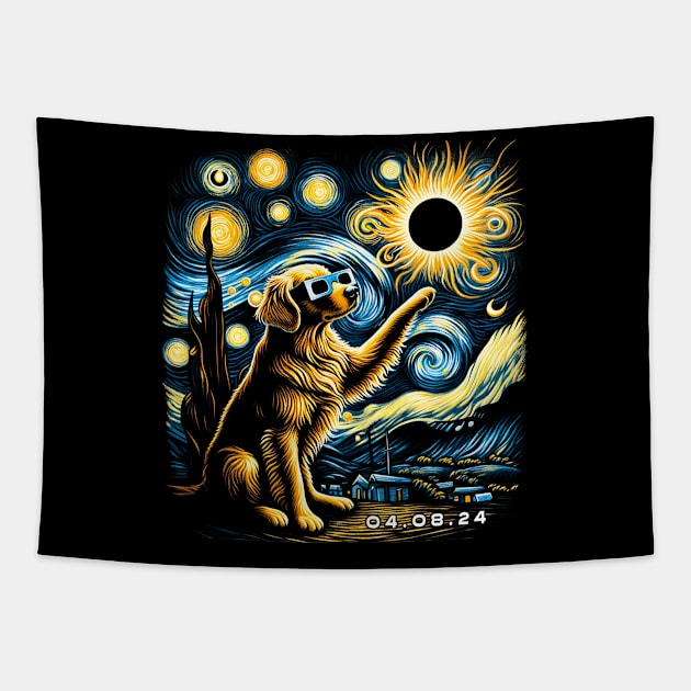 Golden Eclipse Retrievers: Stylish Tee Featuring Radiant Canine Companions Tapestry by GinkgoForestSpirit