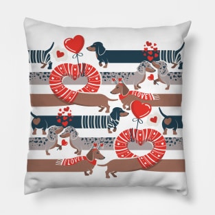 Dachshunds long love // neon red hearts scarves sweaters and other Valentine's Day details brown nile blue and dark grey spotted funny doxies dog puppies Pillow