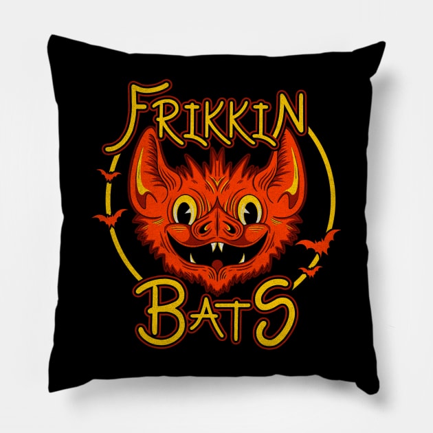 Frikkin Bats Orange Pillow by LeMae Macabre