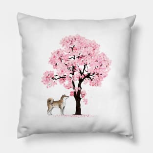 Shiba Inu Dog Japanese Cherry Blossom Sakura Flower Tree Pillow