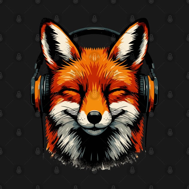 Funny Smiling musical fox wearing headphones by TomFrontierArt