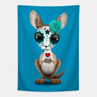 Blue Day of the Dead Sugar Skull Baby Kangaroo Tapestry