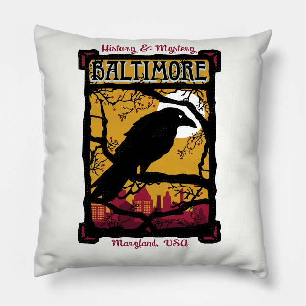 Charm City, Baltimore Raven Watches Over City, Design for Baltimore Lovers Pillow by penandinkdesign@hotmail.com