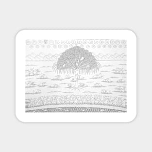 Nature line art scene with elephant, trees, monkey, folk indian art Magnet