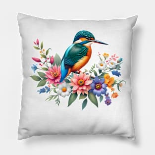 An oriental dwarf kingsfisher decorated with beautiful colorful flowers. Pillow