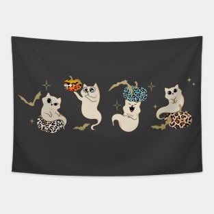 Halloween Ghost Cats Playing With Pumpkins animal print pumpkins and cat lovers Tapestry