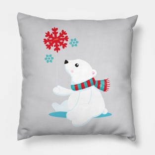 Polar Bear, Bear With Scarf, Cute Bear, Snowflakes Pillow