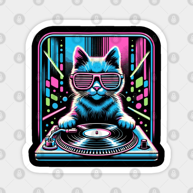 Retro Cat DJ Disco Rave Glow Party Music Funny Cat Magnet by KsuAnn