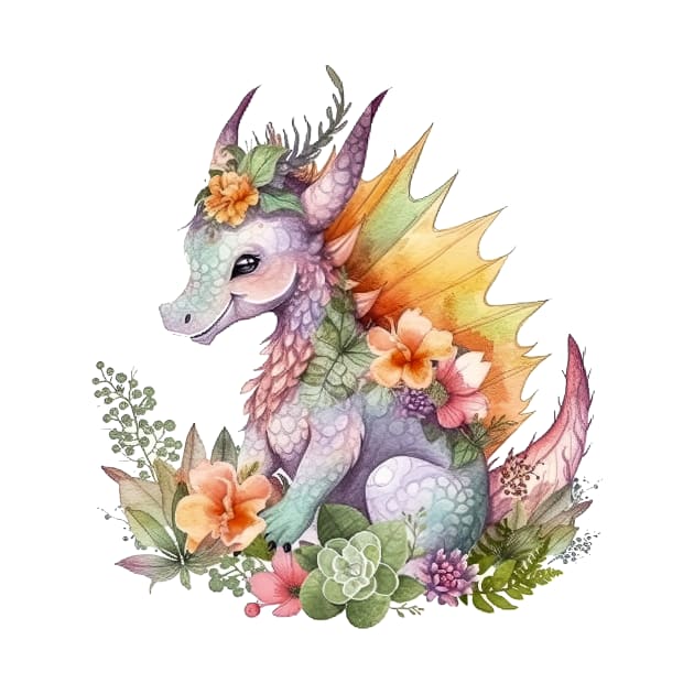 Cute Spring Flower Dragon Watercolor by Fledermaus Studio