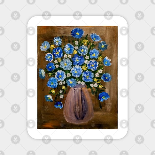 Some blue corn flowers and white and yellow daisy's flowers in a metallic vase Magnet by kkartwork