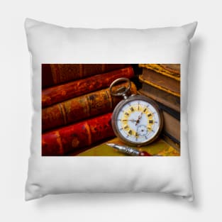 Beautiful Old Pocket Watch And Stacked Books Pillow