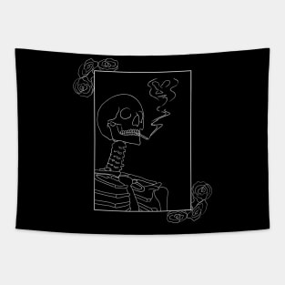 Smoking Skeleton With Roses | Black and White Tapestry