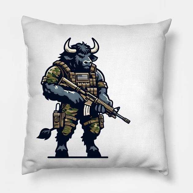 Tactical Minotaur Power Tee: Where Mythical Might Meets Modern Strength Pillow by Rawlifegraphic