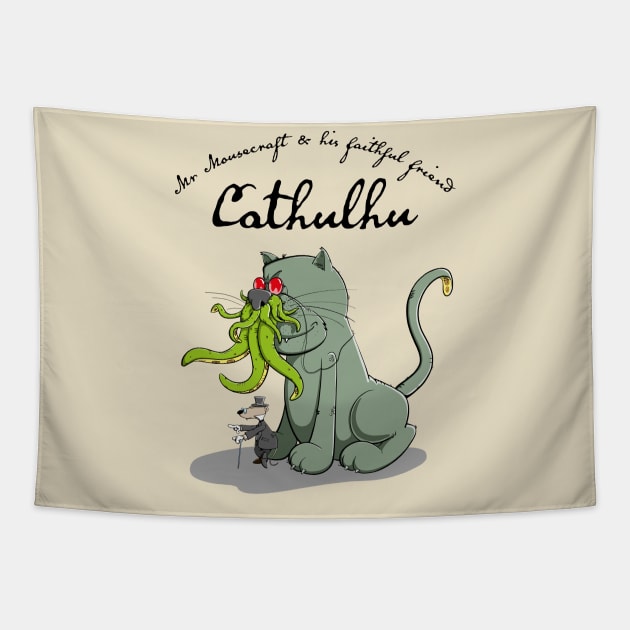 Mr Mousecraft and his faithful Friend Cathulhu Tapestry by schlag.art