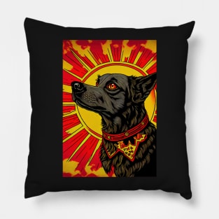 Cute dog in front of red and yellow sun Pillow