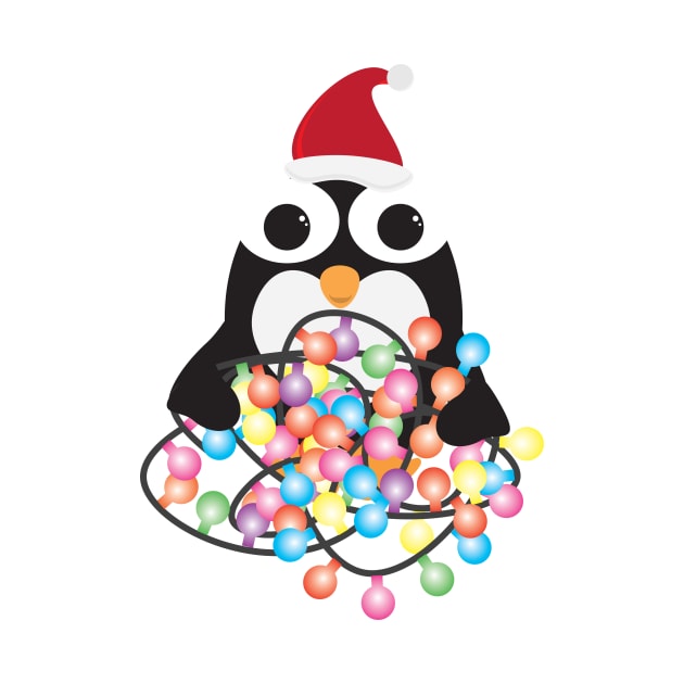 Cute Cartoon Penguin with Santa Hat and Colorful Light Bunting by sigdesign