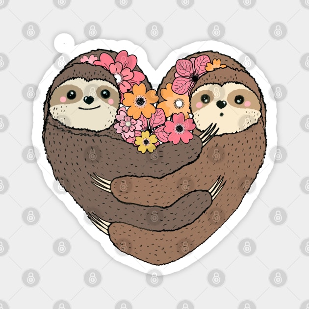 Sloths hugs, lovers couple cute, pink  flowers Magnet by Collagedream