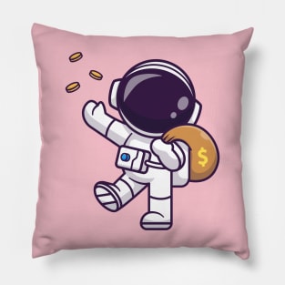 Cute Astronaut Bring Money Bag With Gold Coin Cartoon Pillow