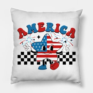 Retro Groovy US Flag Hippie Cute Star America 4th Of July Pillow