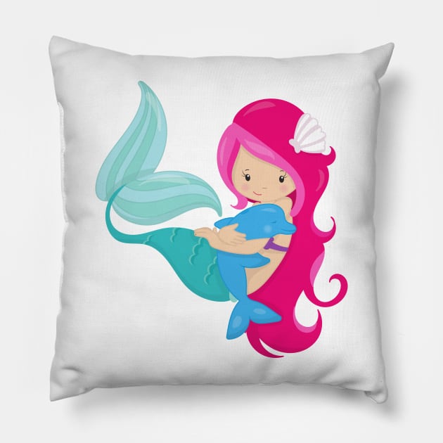 Cute Mermaid, Little Mermaid, Pink Hair, Dolphin Pillow by Jelena Dunčević