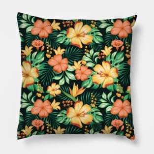 Tropical Orange And Green Floral Hibiscus Pillow