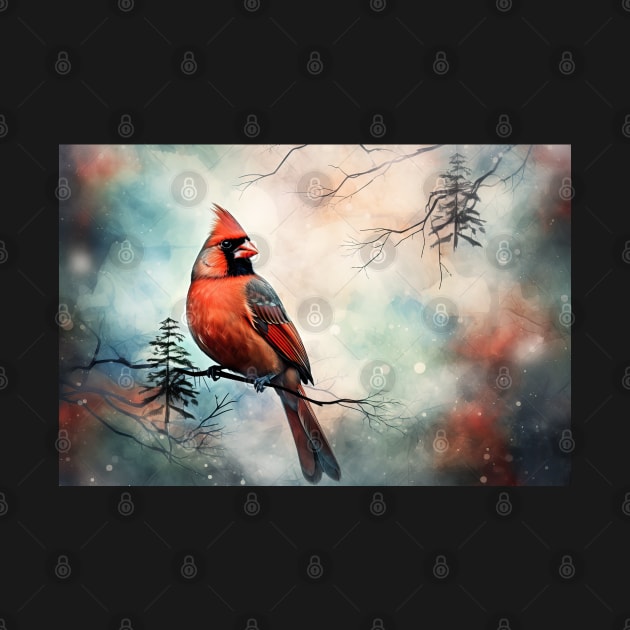 Misty boreal watercolor cardinal by etherElric