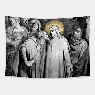 Universal traitor Judas gives the kiss of betrayal to the face of Jesus Christ Tapestry