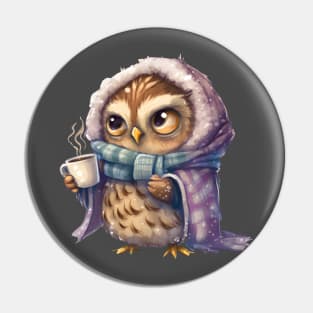 Chibi Owl Drinking Hot Chocolate cute christmas snow design series 2 Pin