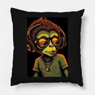 Psychedelic Monkey wearing Sunglasses and Headphones Pillow