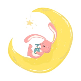 cute pink rabbit bunny sleep on crescent moon with little owl, sweet dream, cute character animal T-Shirt