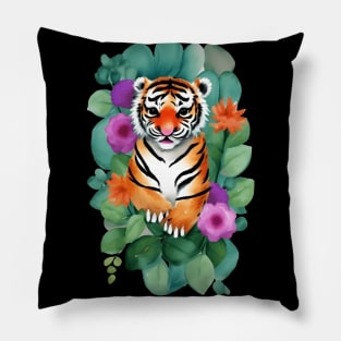 Watercolor Baby Tiger with Flowers Pillow