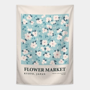 Flower market, Kyoto, Japan, Cute blue flowers art, Neutral art, Retro print, Cottagecore aesthetic Tapestry