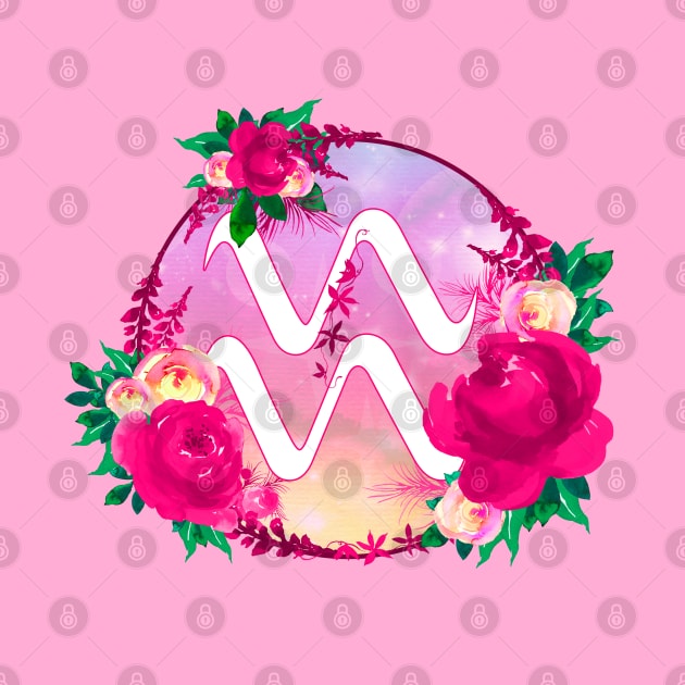 Aquarius Zodiac Horoscope Pink Floral Monogram by bumblefuzzies