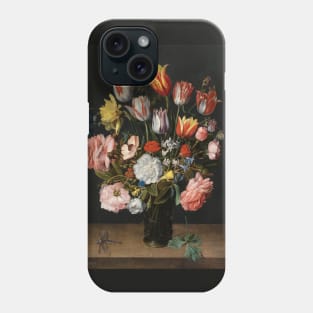 A still life of tulips, roses, bluebells, daffodils, a peony and other flowers in a glass roemer on a wooden ledge with a dragonfly by Jacob van Hulsdonck Phone Case