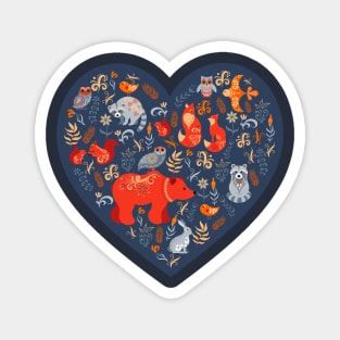 Forest animals and birds on the background of the heart. Magnet