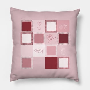 squares framed with lace, roses in one line drawing Pillow