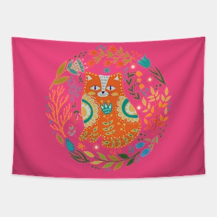 colorful illustration with beautiful cat and flowers #2 Tapestry