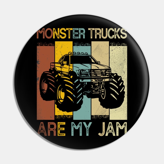 Monster Trucks Are My Jam Retro Cool Trucker Birthday Boy Pin by AE Desings Digital