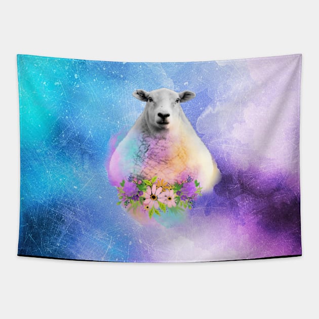 Floral Sheep Distressed Watercolour Splash Tapestry by tribbledesign