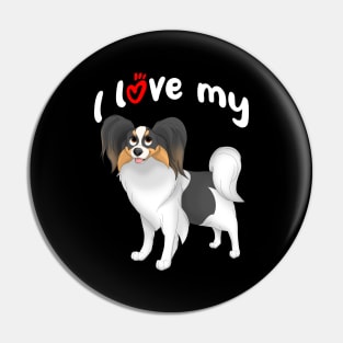 I Love My White, Black & Tan Papillon Dog Pin