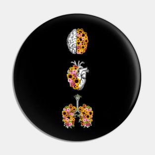 Set of human organ, lungs, heart and brain with sunflowers and daisy Pin