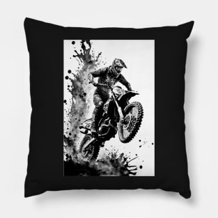 Dirt bike wheelie - black silhouette, white background Pillow