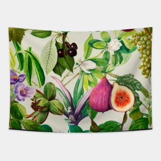 Vibrant tropical floral leaves and fruits floral illustration, Off white fruit pattern over a Tapestry