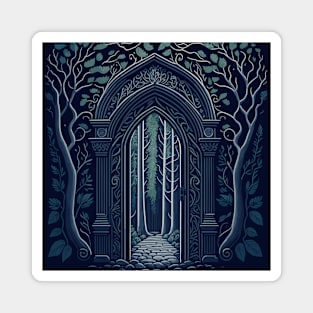 Arched door in a forest with trees. Magnet