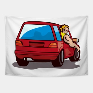 Red Hatchback Car with Man Tapestry